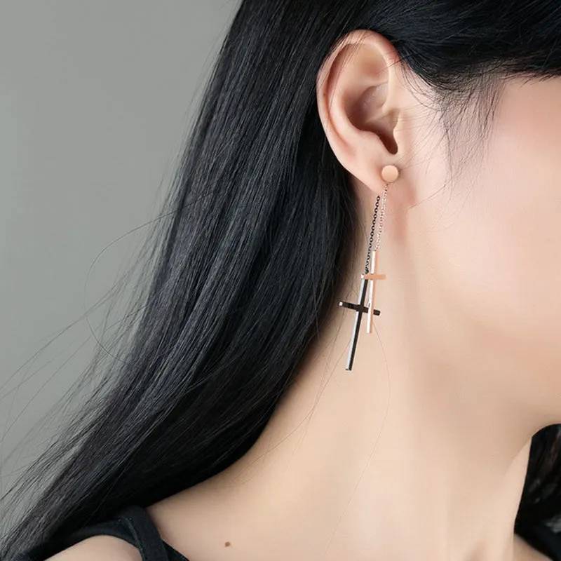 Double-layered Cross Tassel Earrings