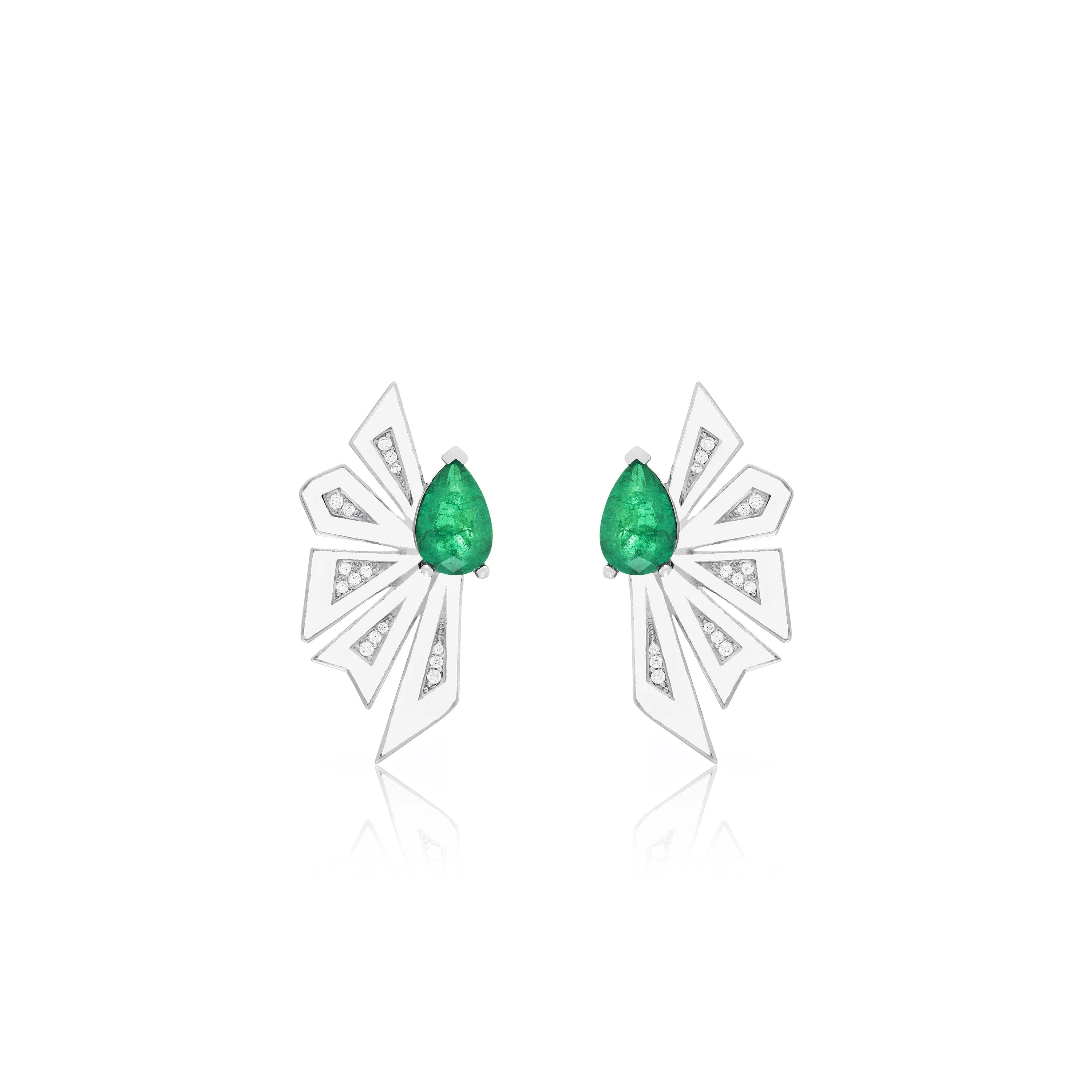 Enamel Half Flower With One Big Teardrop Earrings - Silver Green And White