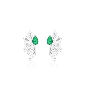 Enamel Half Flower With One Big Teardrop Earrings - Silver Green And White
