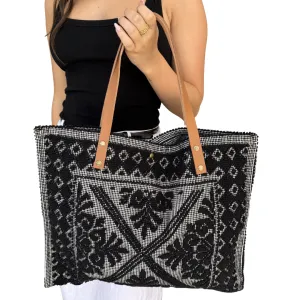 European Leather Strapped Black Tote