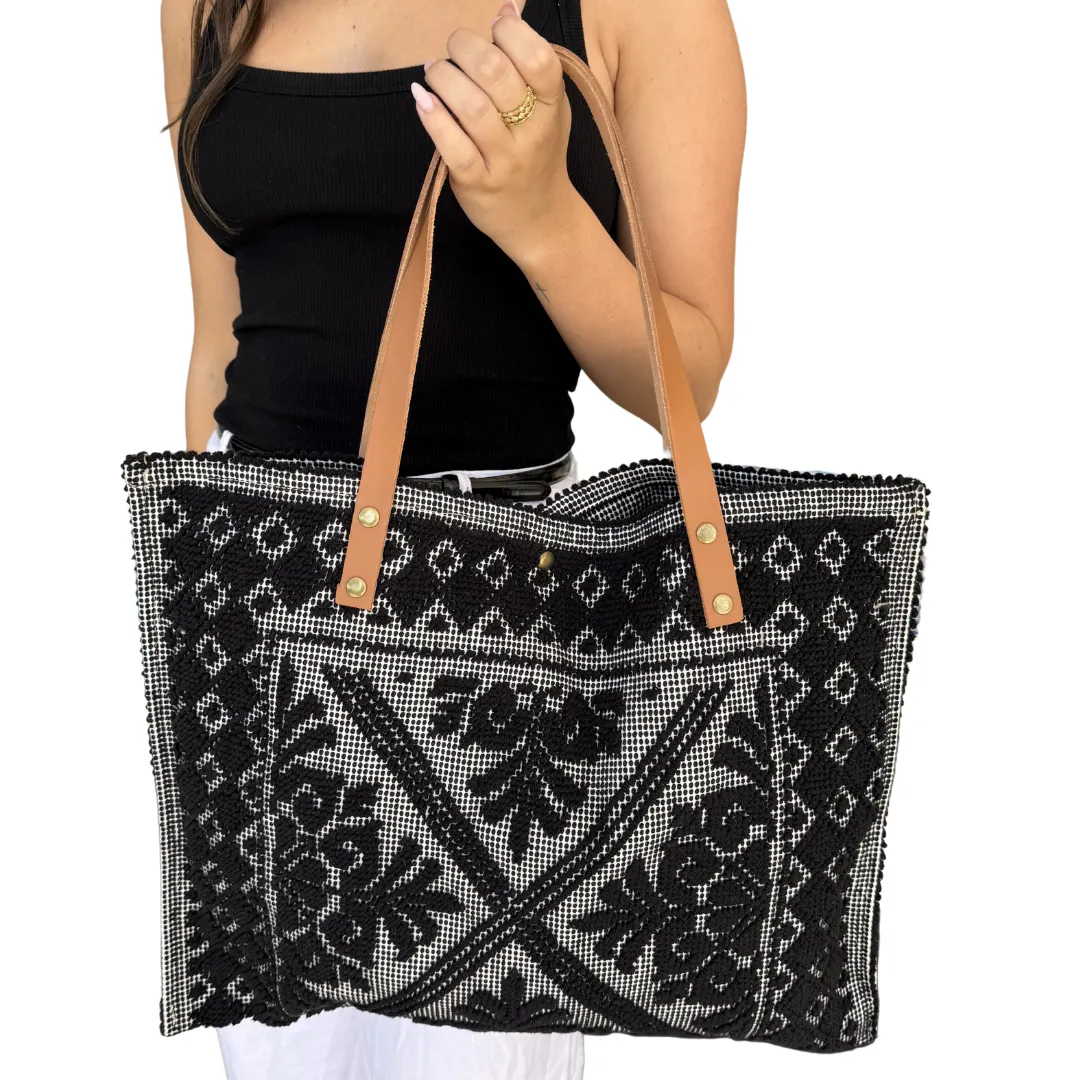 European Leather Strapped Black Tote