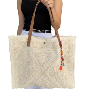 European Leather Strapped Cream Tote