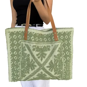 European Leather Strapped Green Tote