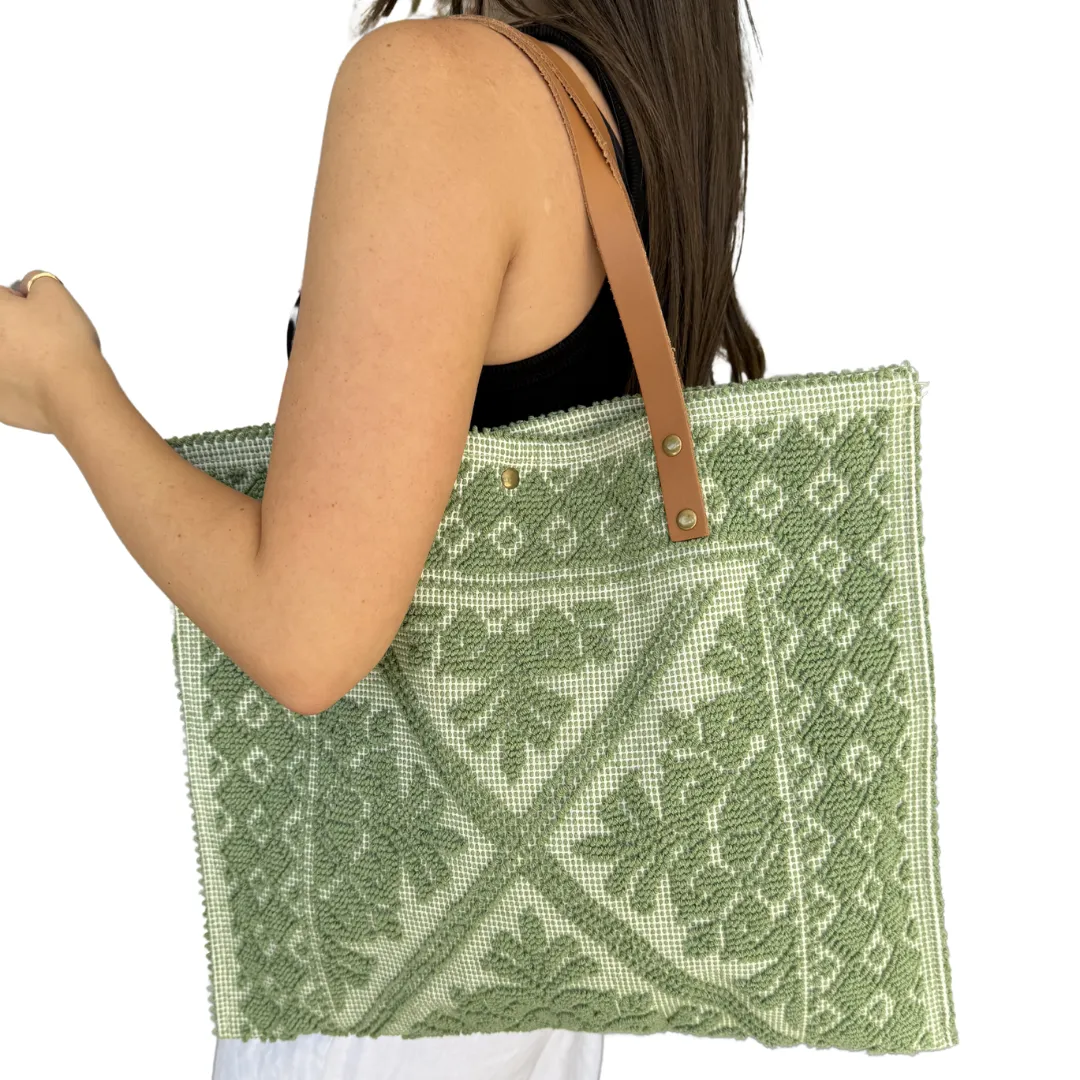 European Leather Strapped Green Tote