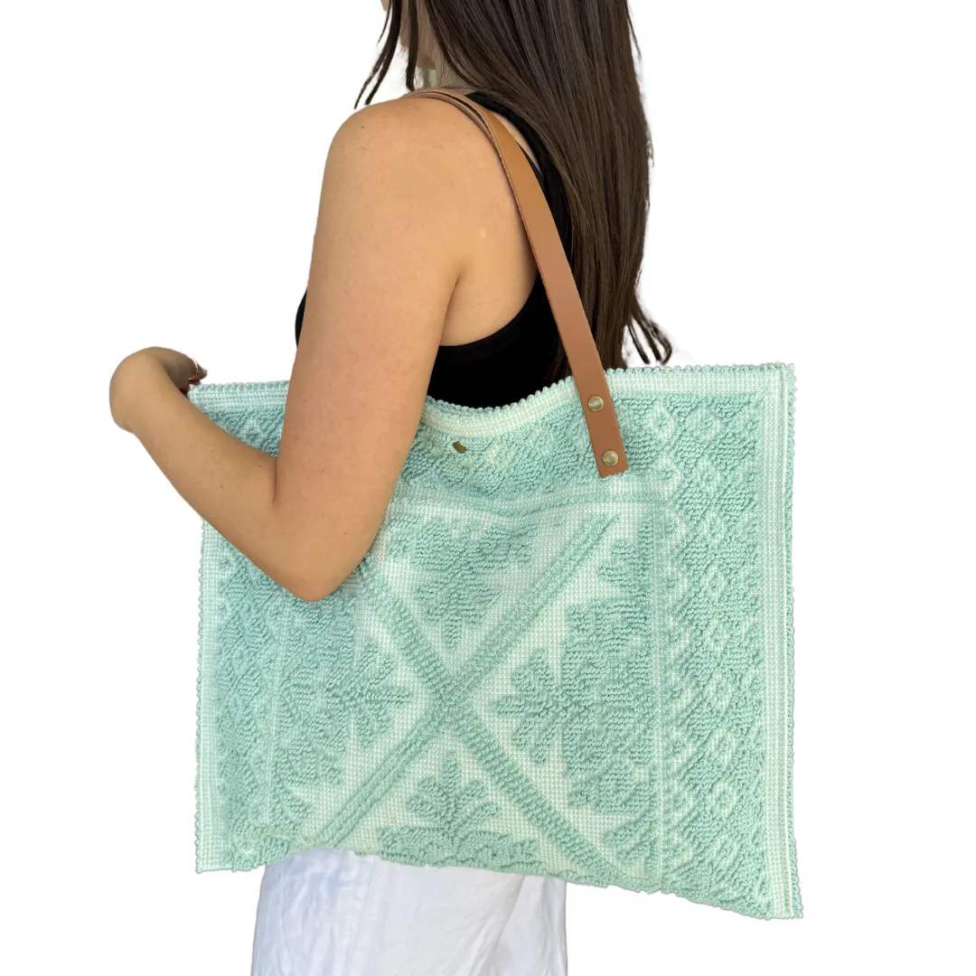 European Leather Strapped Sea Foam Green Tote