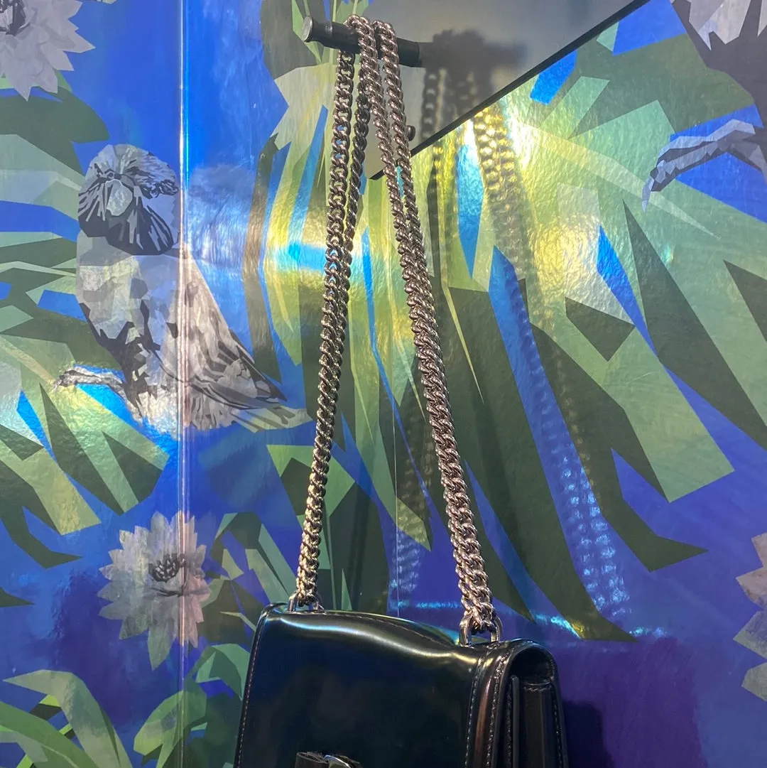 Ferragamo Black Patent Leather 'Ginny' Silver Shoulder Bag