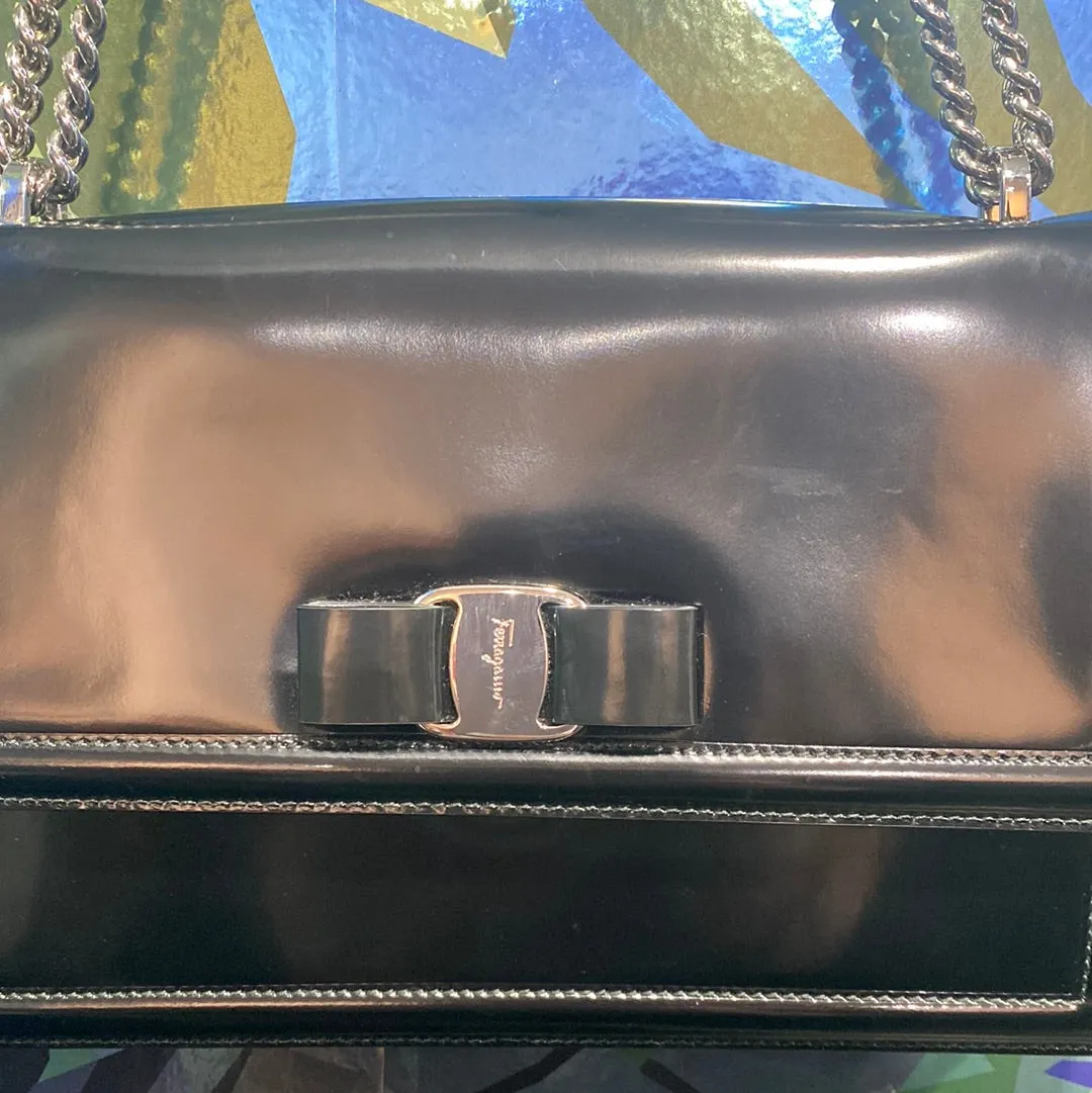 Ferragamo Black Patent Leather 'Ginny' Silver Shoulder Bag