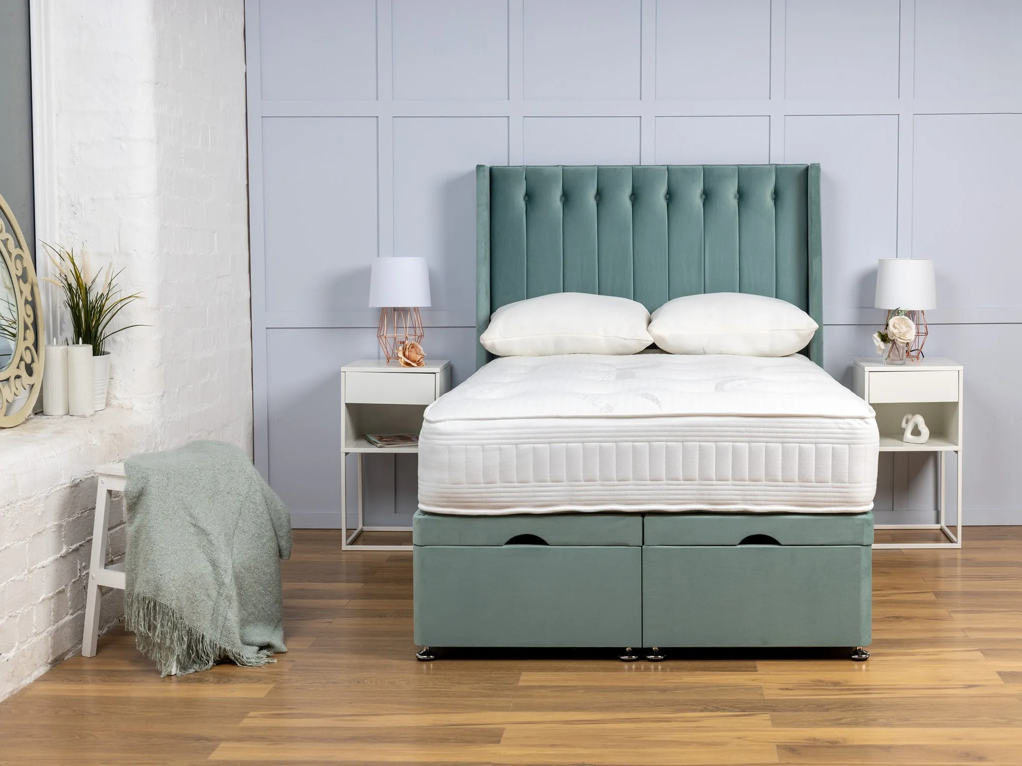 Florence Wing Ottoman Divan Bed With 54'' Winged Floorstanding Headboard