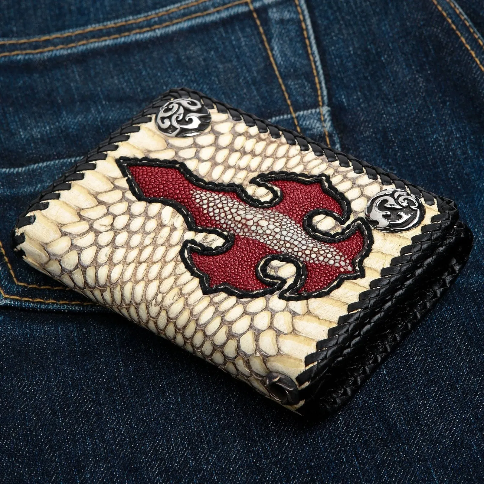 Genuine Cross Stingray Cobra Skin Leather Biker Wallet