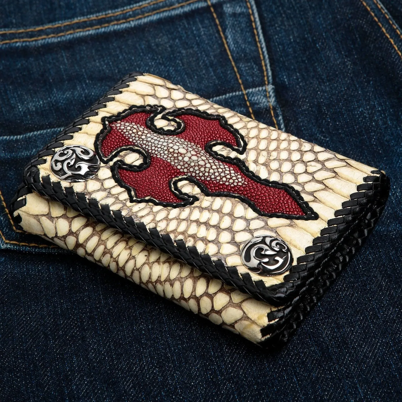 Genuine Cross Stingray Cobra Skin Leather Biker Wallet