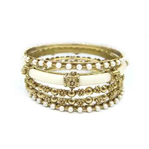GOLD IVORY SET OF 5 PCS INDIAN BANGLES  #KB10598_G-IVY (XA10/OE26)
