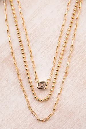Gold Layered Chain Necklace With Rhinestone