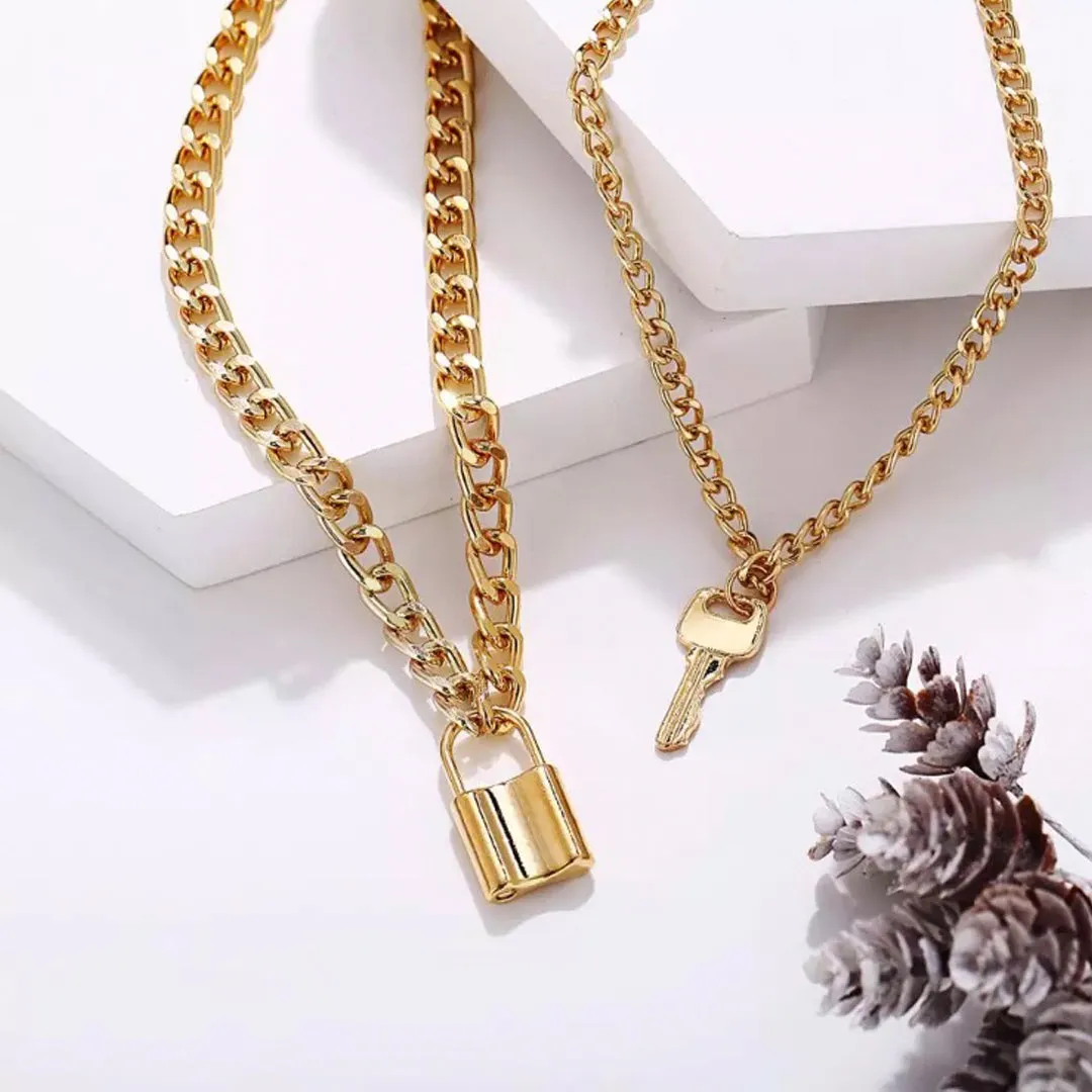 Gold Plated Double Layered Lock and Key Pendant