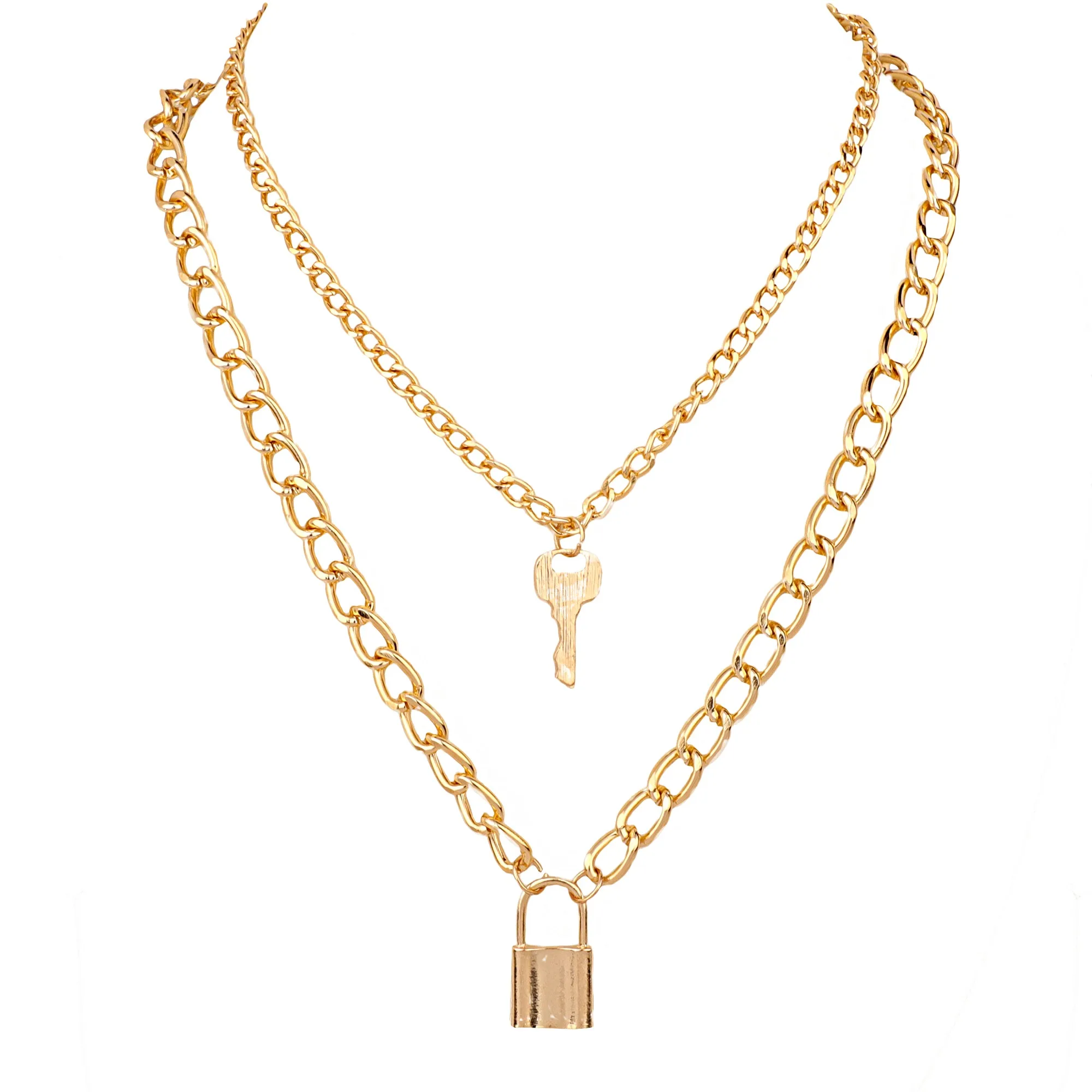 Gold Plated Double Layered Lock and Key Pendant
