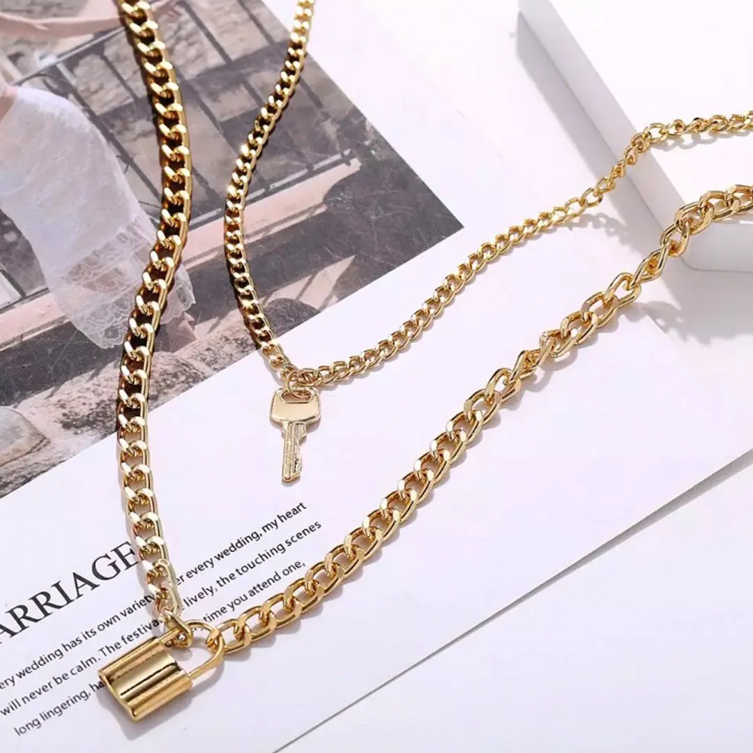 Gold Plated Double Layered Lock and Key Pendant