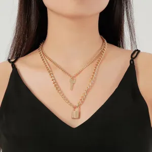 Gold Plated Double Layered Lock and Key Pendant
