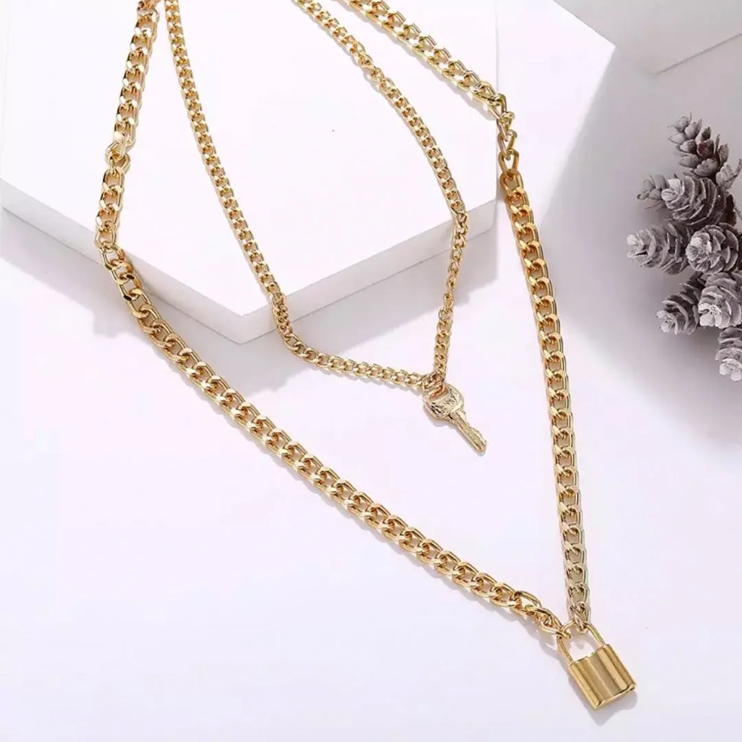 Gold Plated Double Layered Lock and Key Pendant