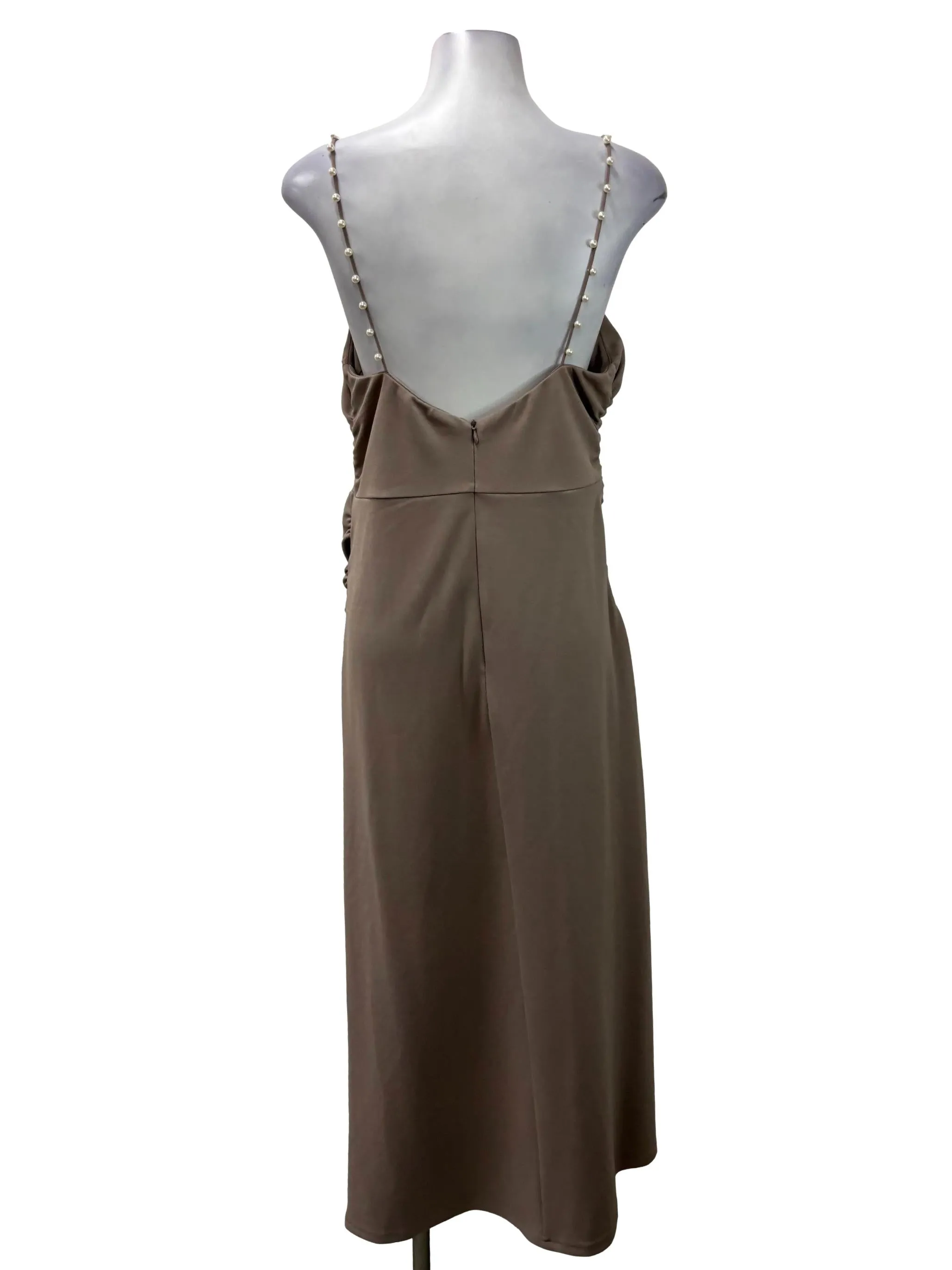 Grey Brown Pearl Strapped Cami Midi Dress