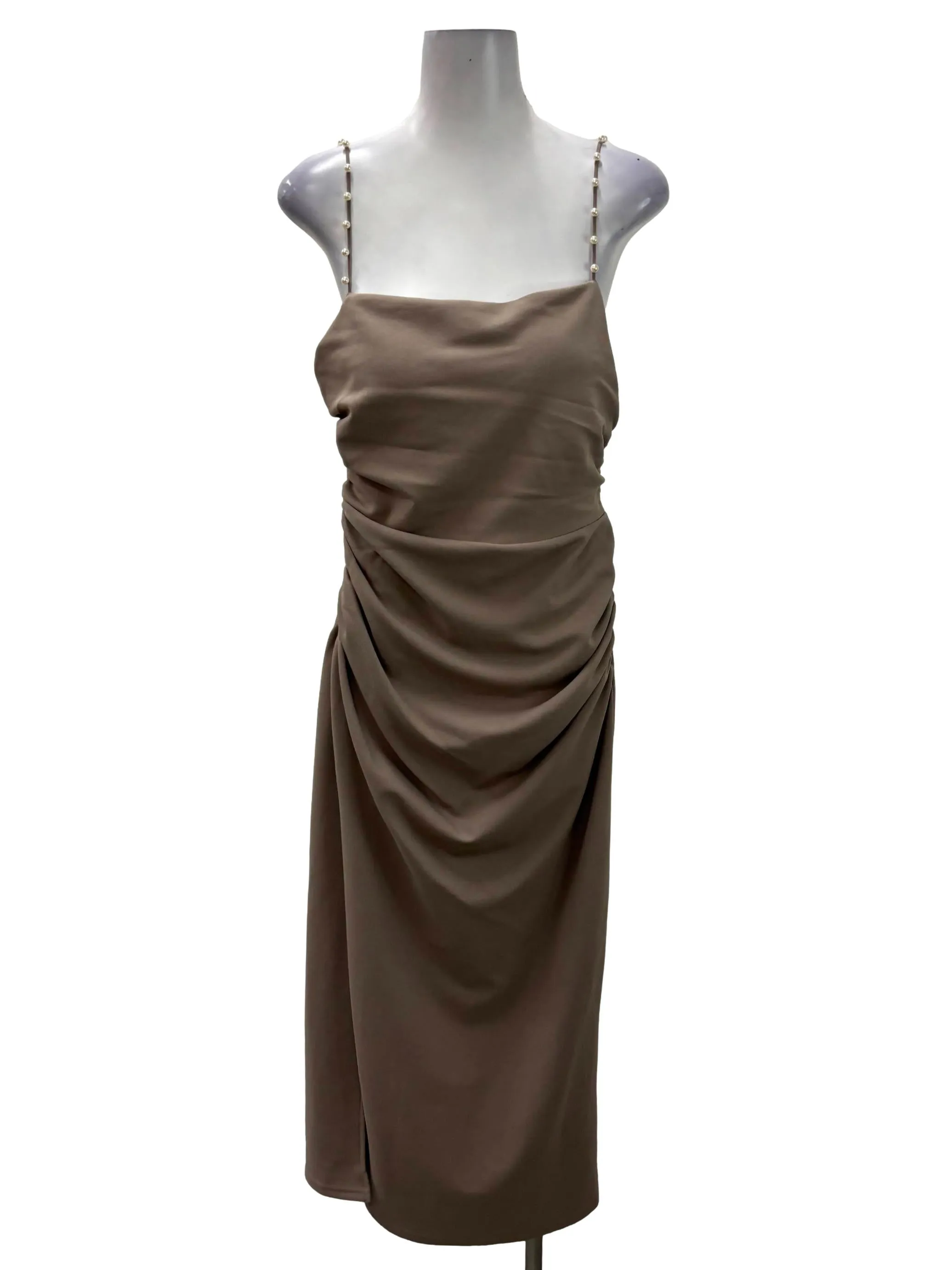 Grey Brown Pearl Strapped Cami Midi Dress