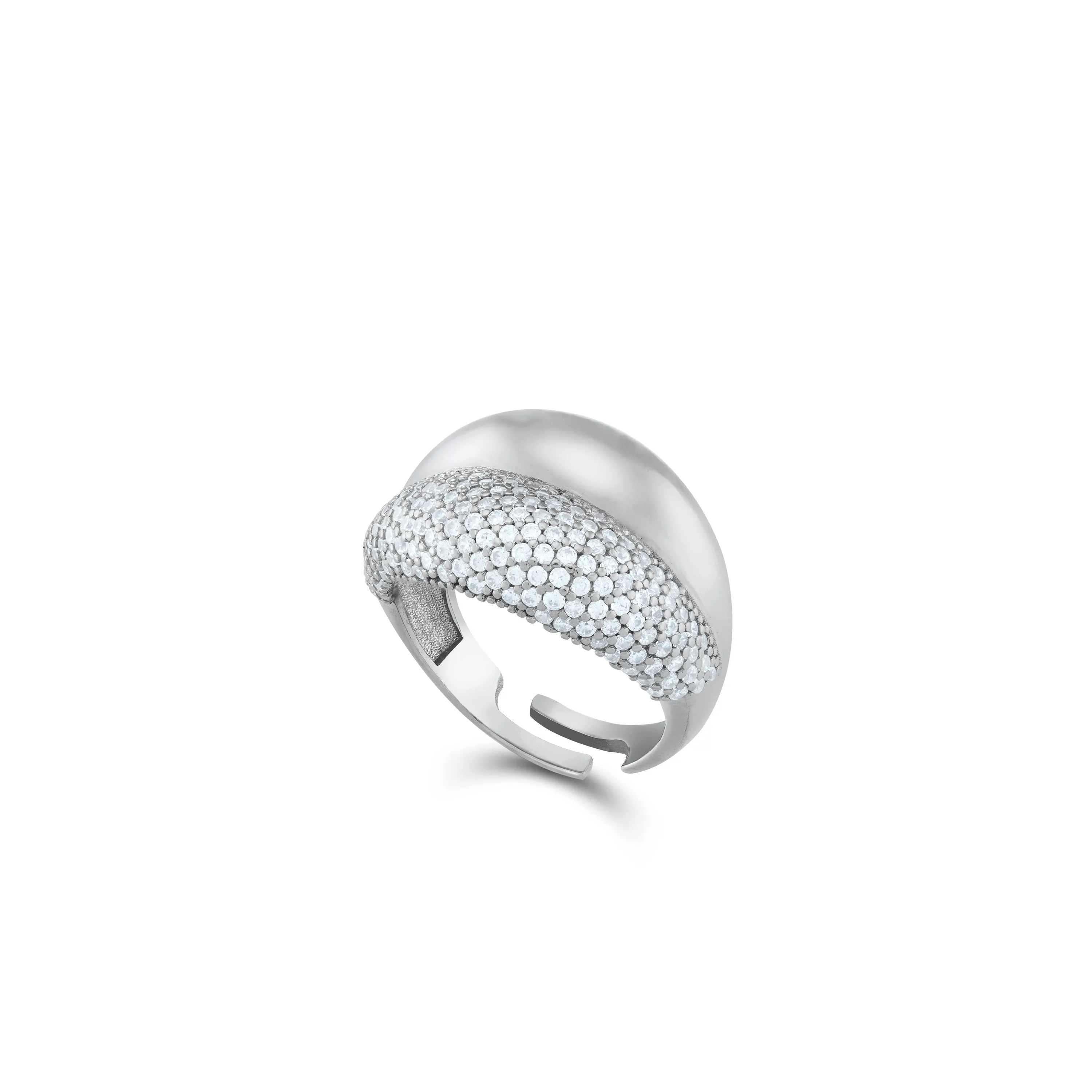 Half CZ Dome Pave Statement Ring - Silver White