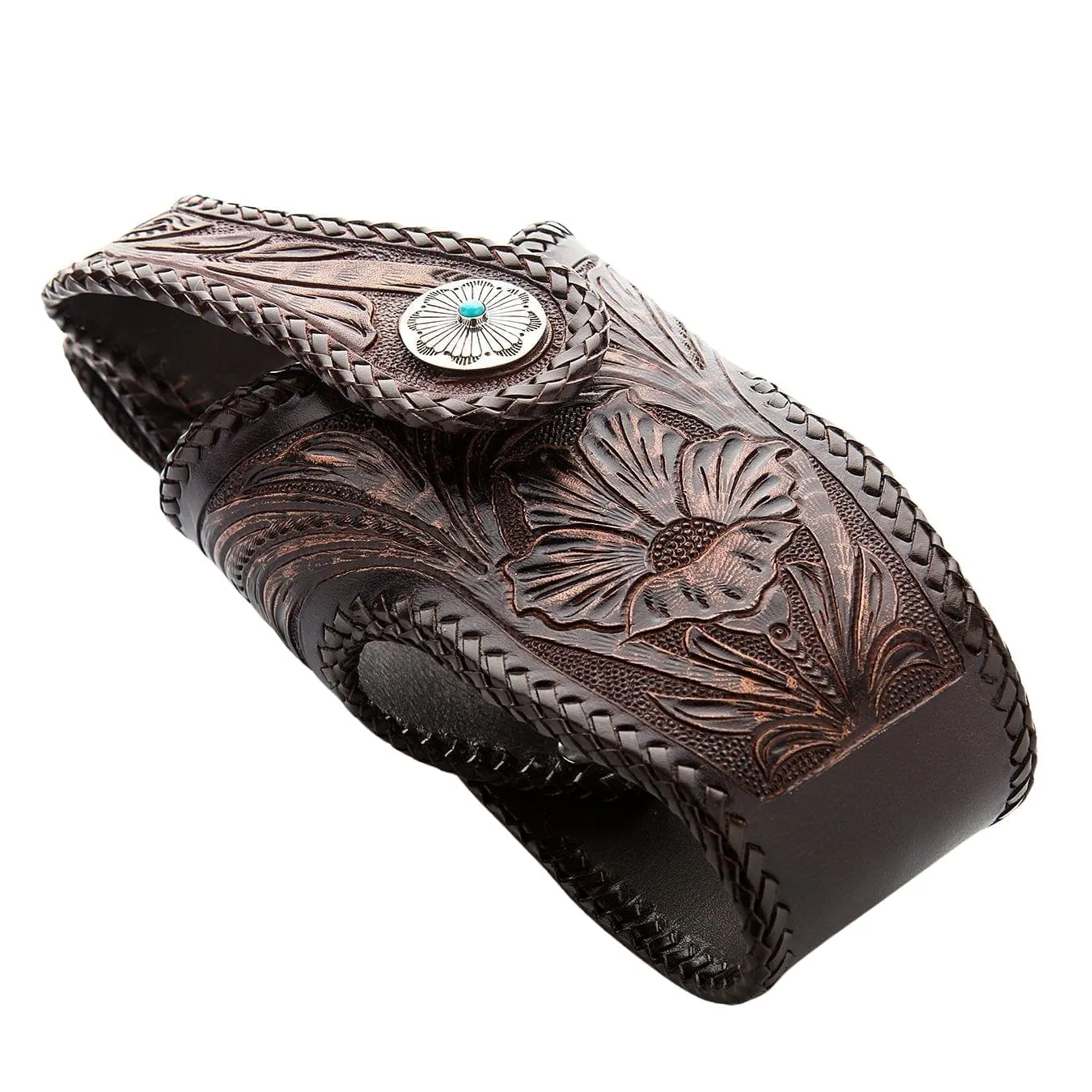 Hand Tooled Dark Brown Leather Biker Wallet Holster