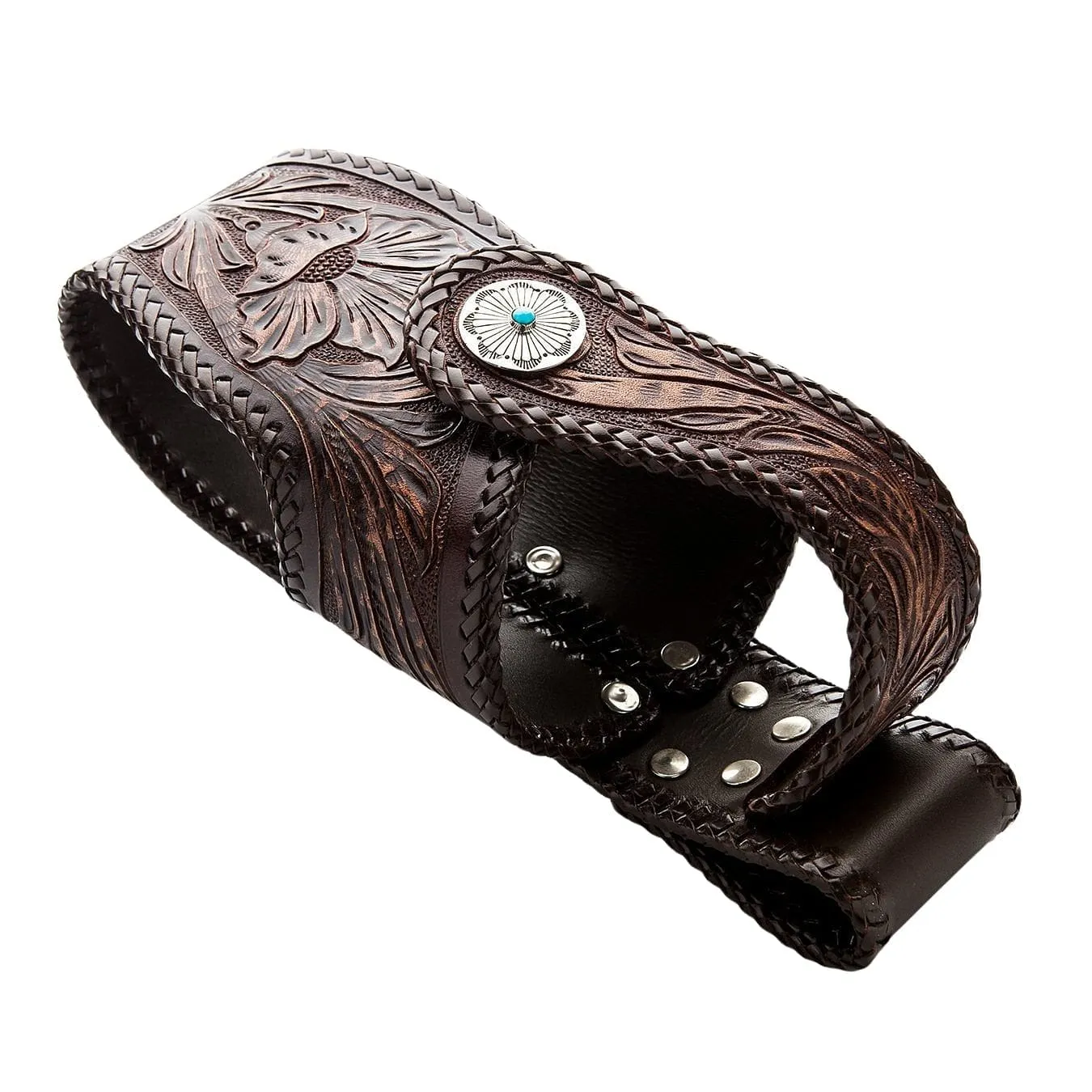 Hand Tooled Dark Brown Leather Biker Wallet Holster