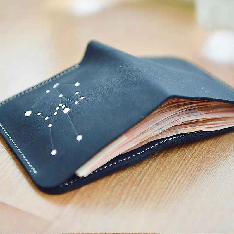 HANDMADE LEATHER CUTE Women Constellation Bifold Blue Small Wallet PERSONALIZED MONOGRAMMED GIFT CUSTOM Wallet