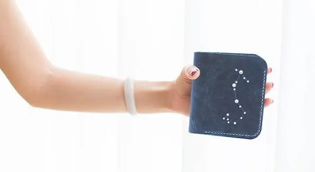 HANDMADE LEATHER CUTE Women Constellation Bifold Blue Small Wallet PERSONALIZED MONOGRAMMED GIFT CUSTOM Wallet