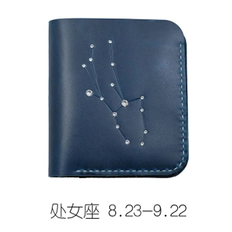 HANDMADE LEATHER CUTE Women Constellation Bifold Blue Small Wallet PERSONALIZED MONOGRAMMED GIFT CUSTOM Wallet