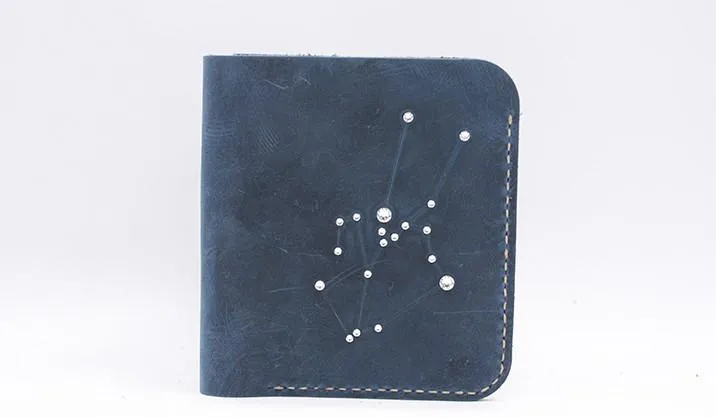 HANDMADE LEATHER CUTE Women Constellation Bifold Blue Small Wallet PERSONALIZED MONOGRAMMED GIFT CUSTOM Wallet