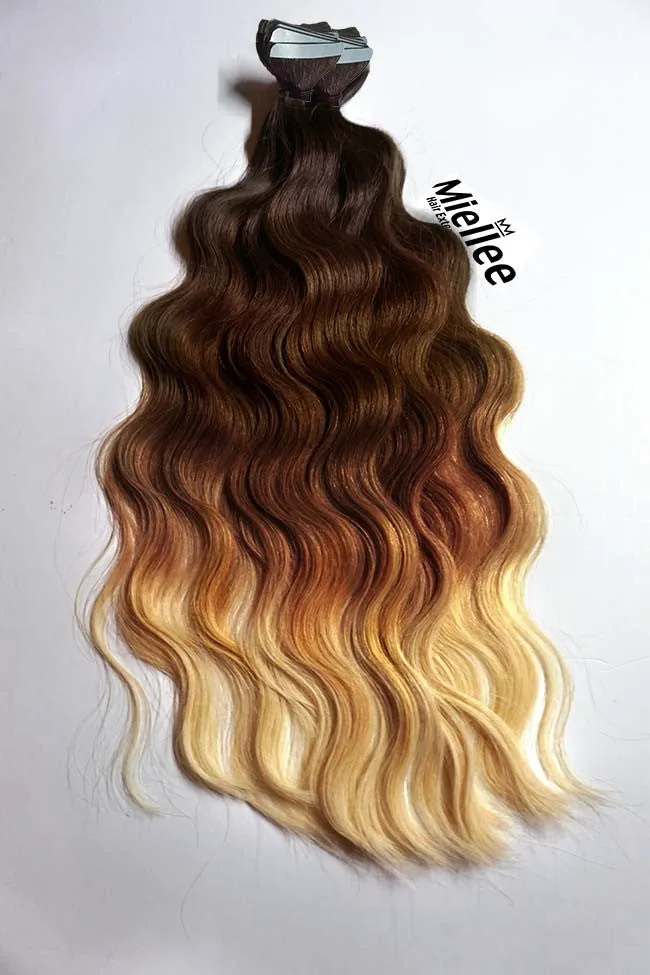 High Contrast Golden Ombre Seamless Tape Ins - Wavy Hair