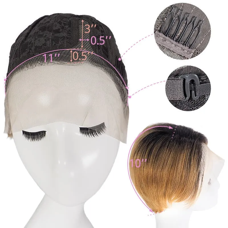Human Hair Short Pixie Cut Lace Front Side Parted Layered Bob Wig Black Ombre Blonde
