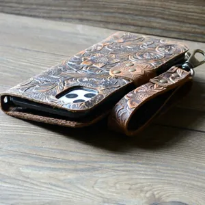 JJNUSA Genuine Leather Distressed Wallet for Iphone 11 Wallet Case Brown