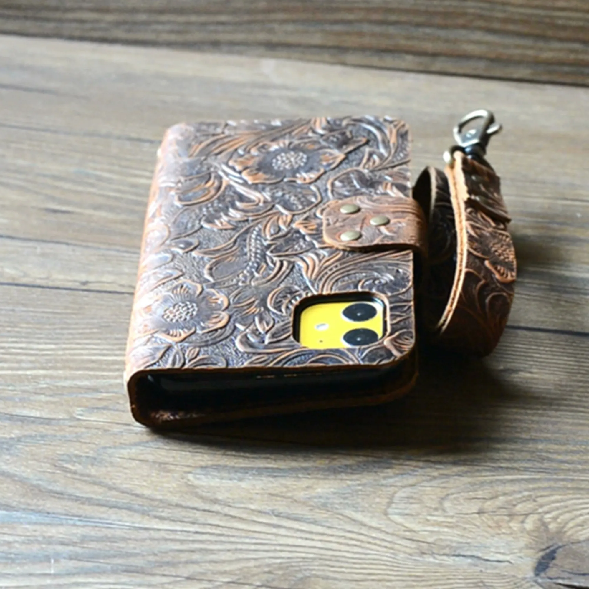 JJNUSA Genuine Leather Distressed Wallet for Iphone 11 Wallet Case Brown