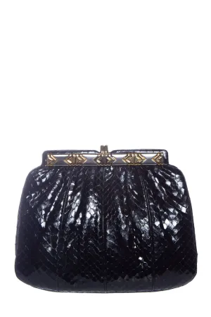 Judith Leiber Black Reptile Skin Leather Clutch