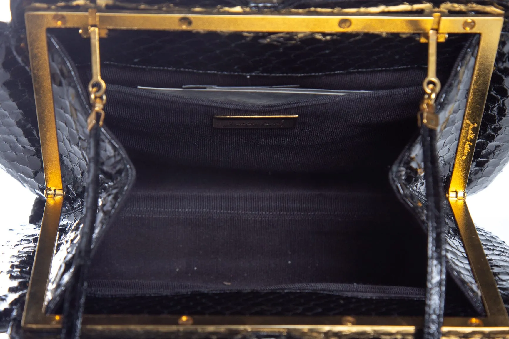 Judith Leiber Black Reptile Skin Leather Clutch