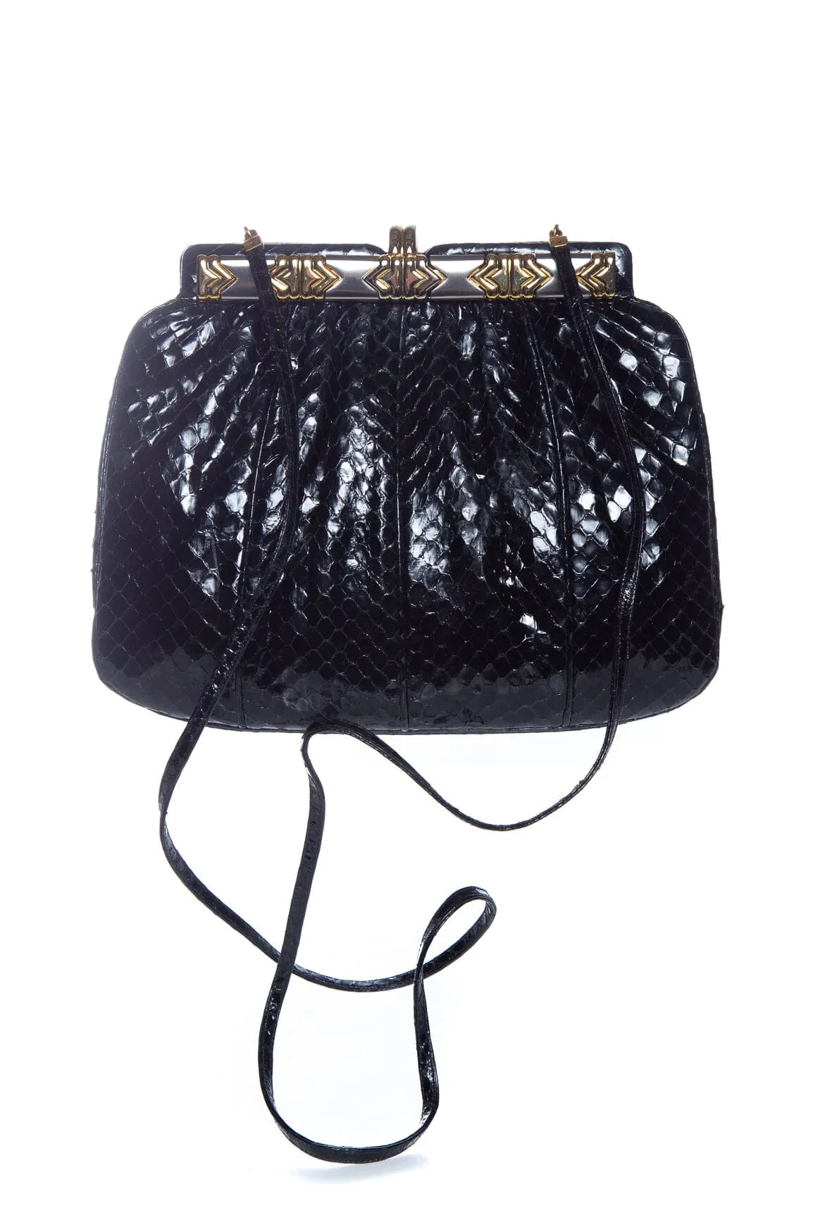 Judith Leiber Black Reptile Skin Leather Clutch