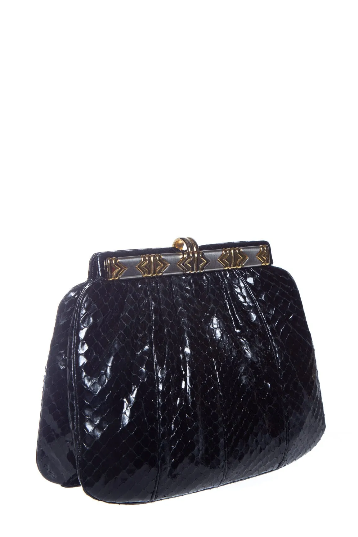 Judith Leiber Black Reptile Skin Leather Clutch