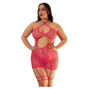 Killer Legs Choker Ring Linked Cut-Out Bodystocking Dress With Attached Garter Straps and Thong