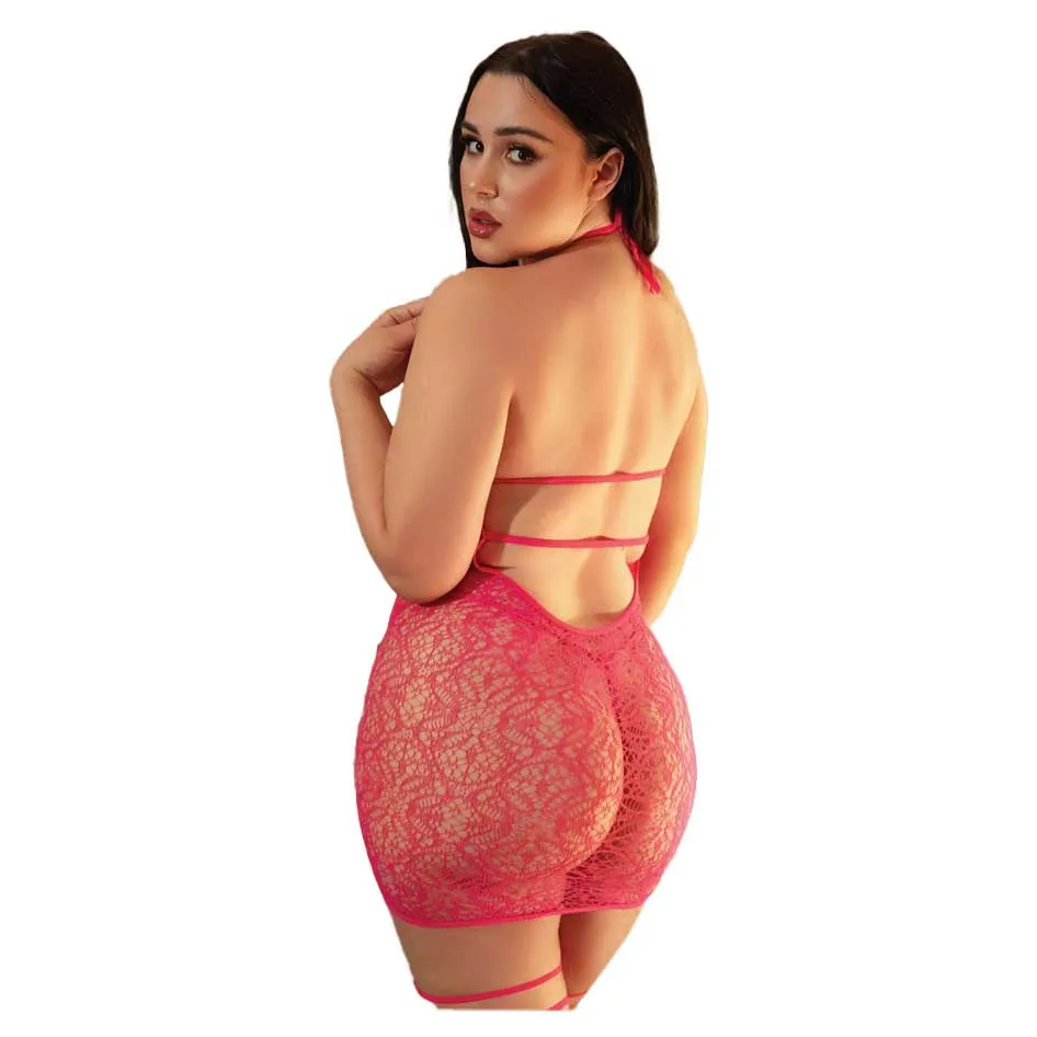 Killer Legs Choker Ring Linked Cut-Out Bodystocking Dress With Attached Garter Straps and Thong
