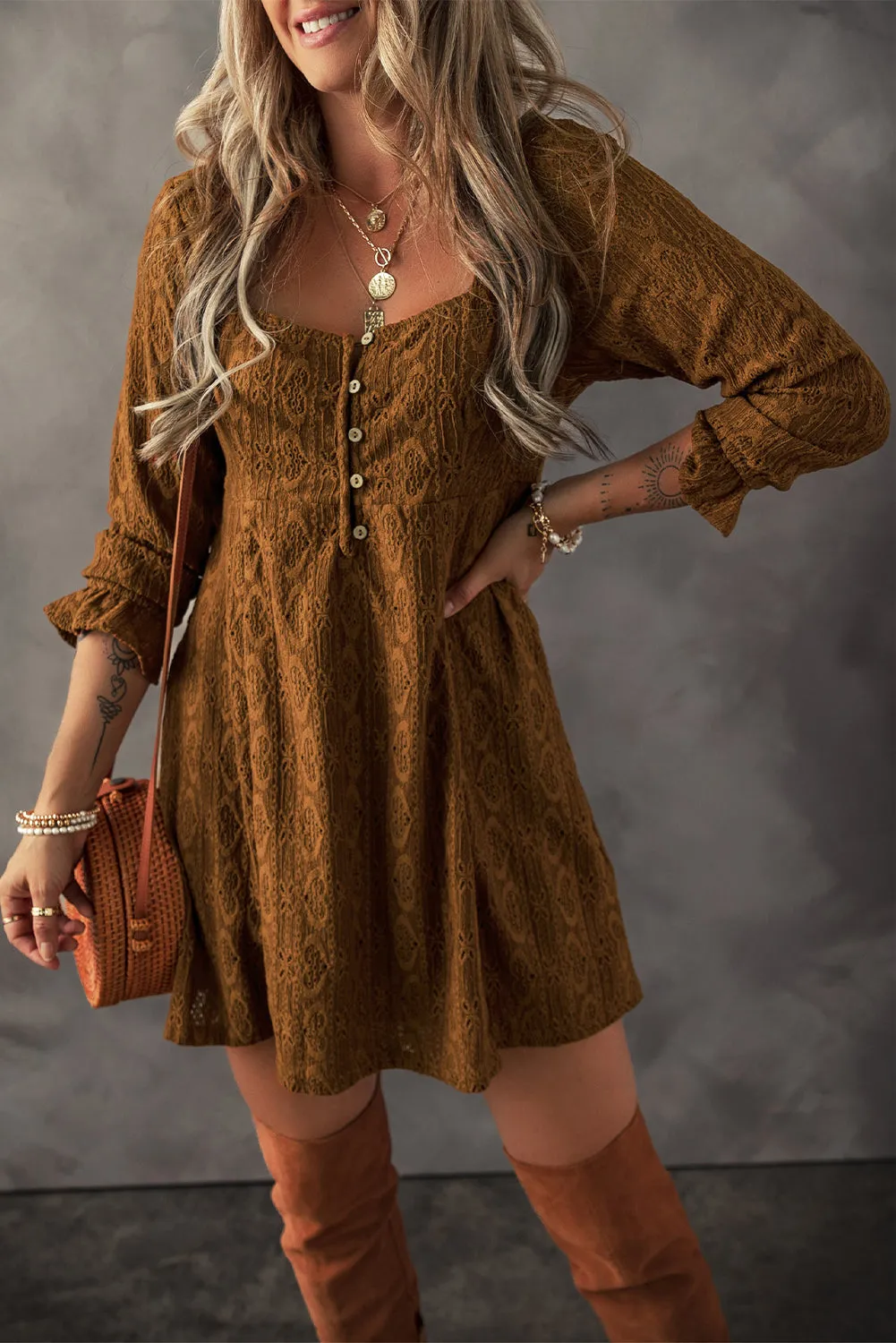 Lace Crochet Buttoned Mini Dress Romance