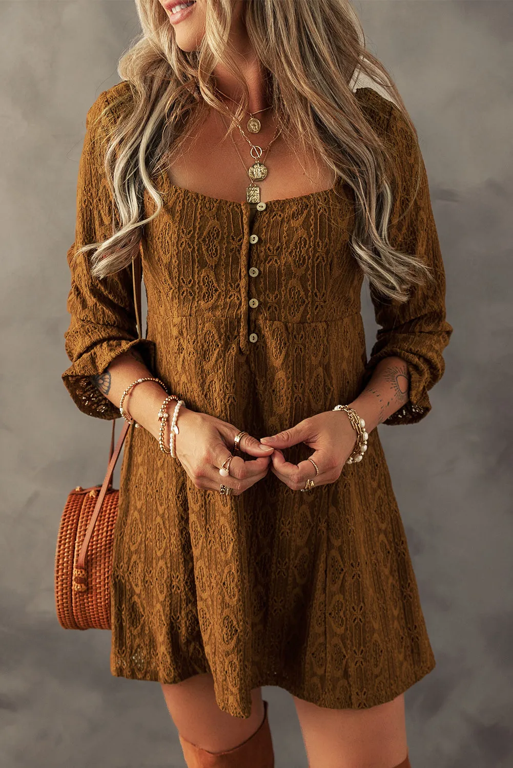 Lace Crochet Buttoned Mini Dress Romance