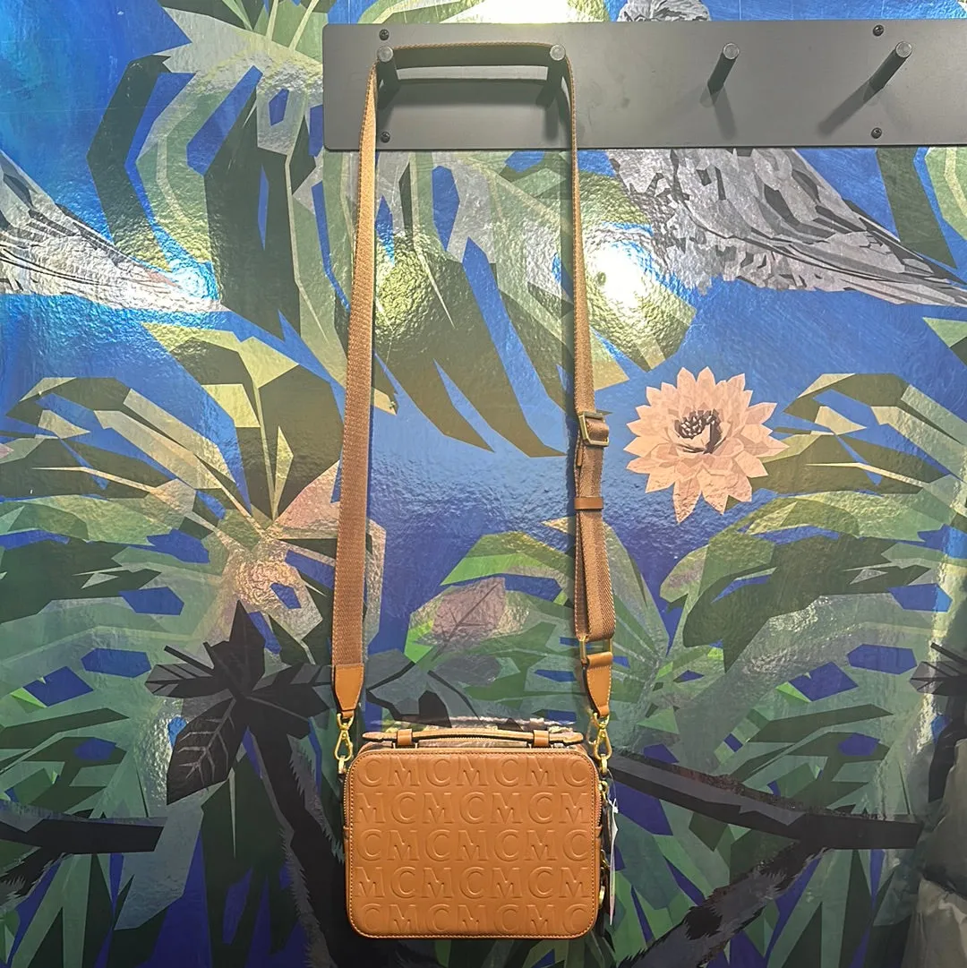 MCM Camel Leather Embossed Square Structured Klassik Crossbody
