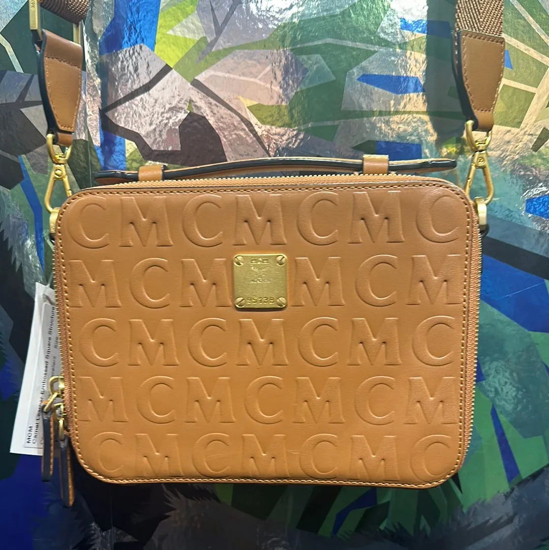 MCM Camel Leather Embossed Square Structured Klassik Crossbody