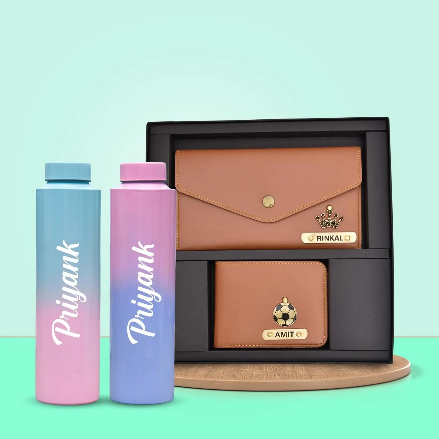 Minimal clutch & Men's Wallet & Personalised Couple Rainbow Classic WaterBottle - Tan