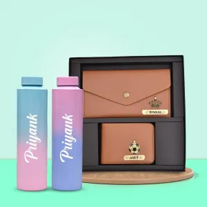 Minimal clutch & Men's Wallet & Personalised Couple Rainbow Classic WaterBottle - Tan
