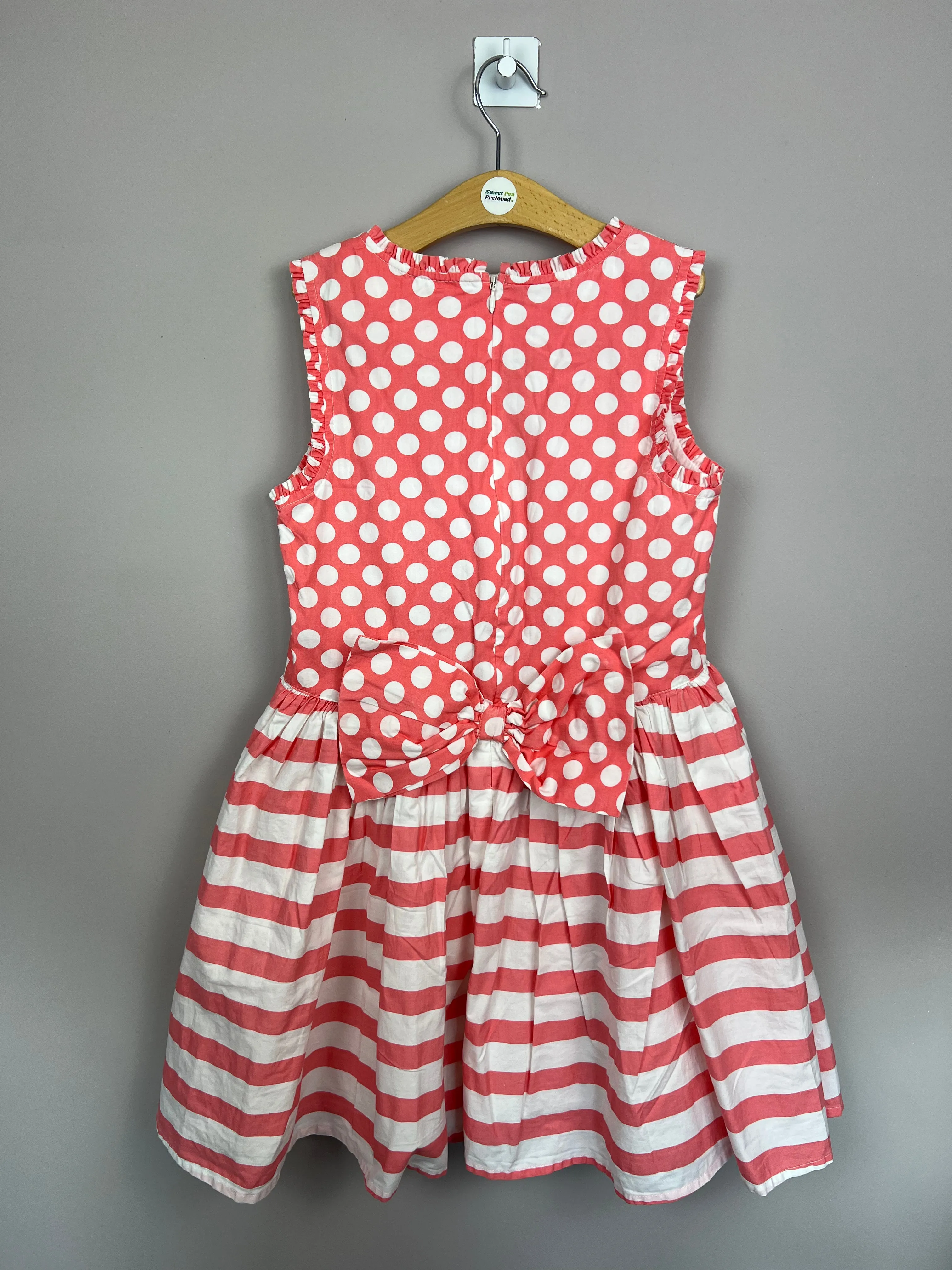 Monsoon coral spots/stripes party dress 10y