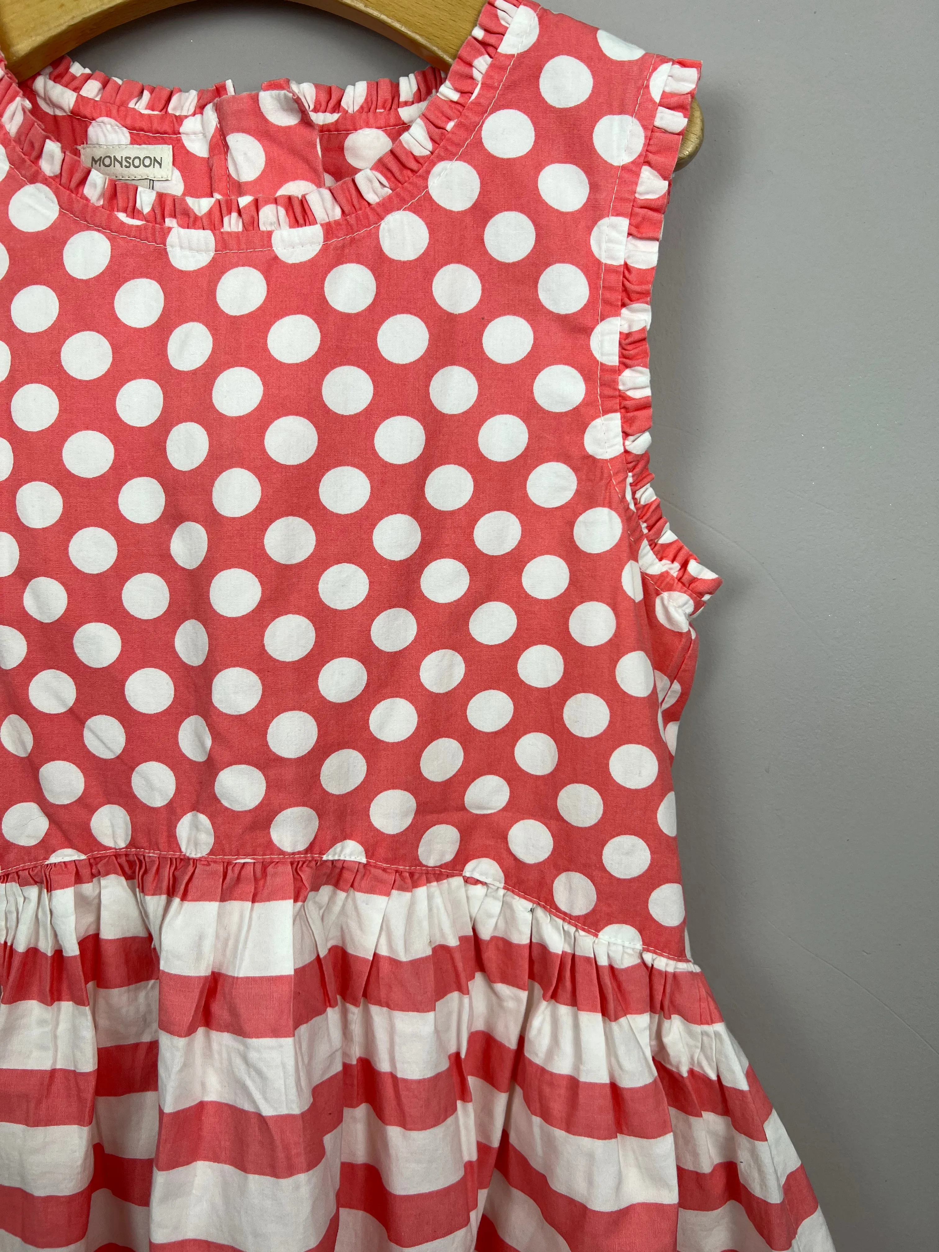 Monsoon coral spots/stripes party dress 10y