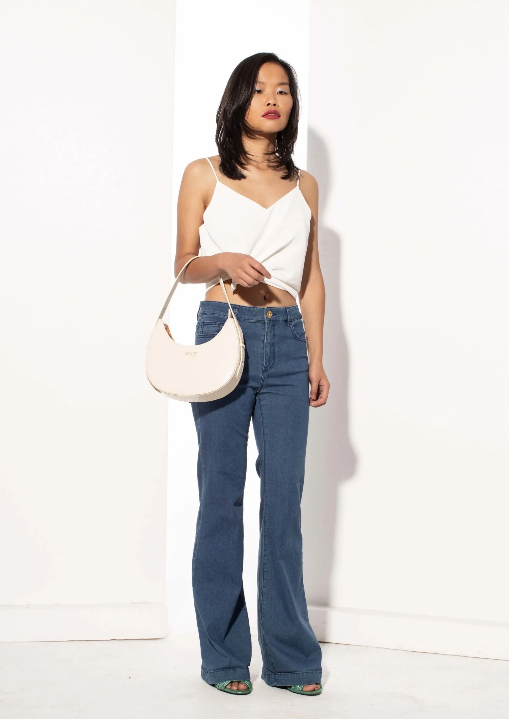 Naomi Leather Moon Bag with Croc-Embossed Pattern, White