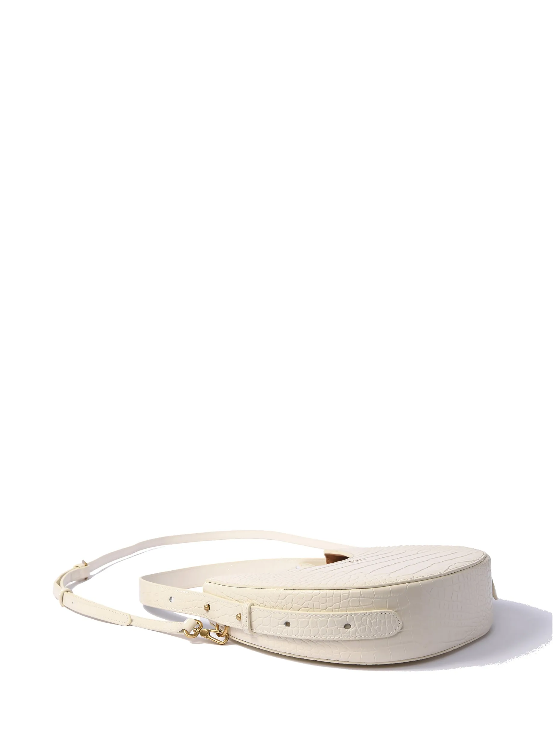 Naomi Leather Moon Bag with Croc-Embossed Pattern, White